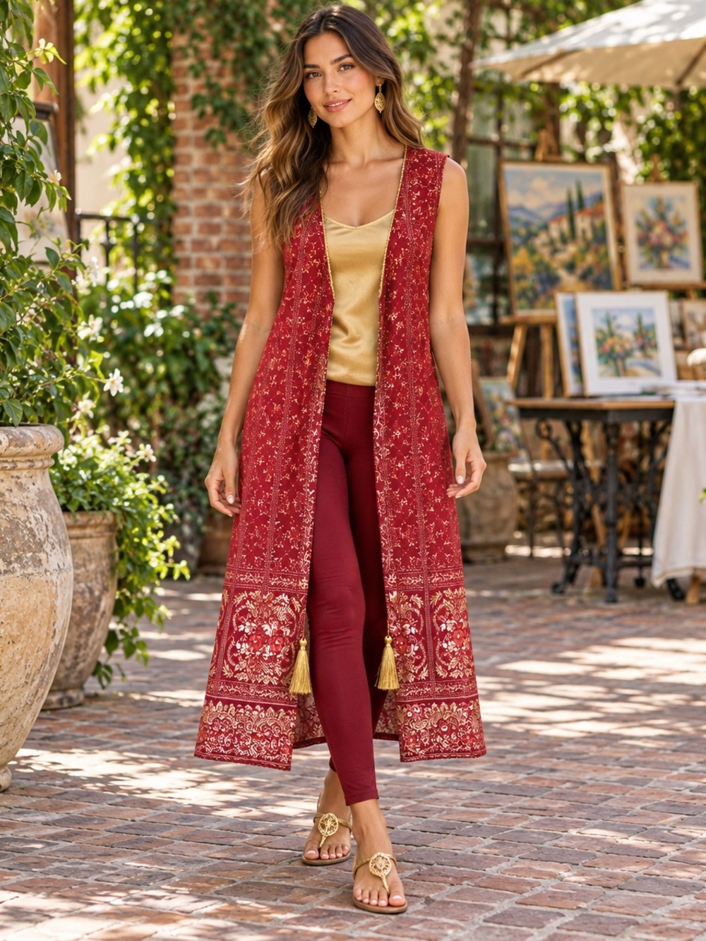 Aurelia Maroon Printed Maxi Duster Gilet Vest Gold Tassels Small